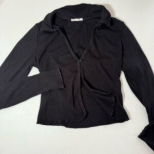 WOMENS SMALL BLACK LONG SLEEVE CROP CARDIGAN ONE BUTTON FEMININE Y2K PREPPY